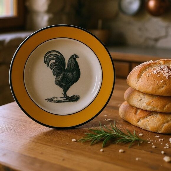 Vintage Rooster Plate By Primitive Artisan Incorporated 8" Yellow Rim - Picture 1 of 9